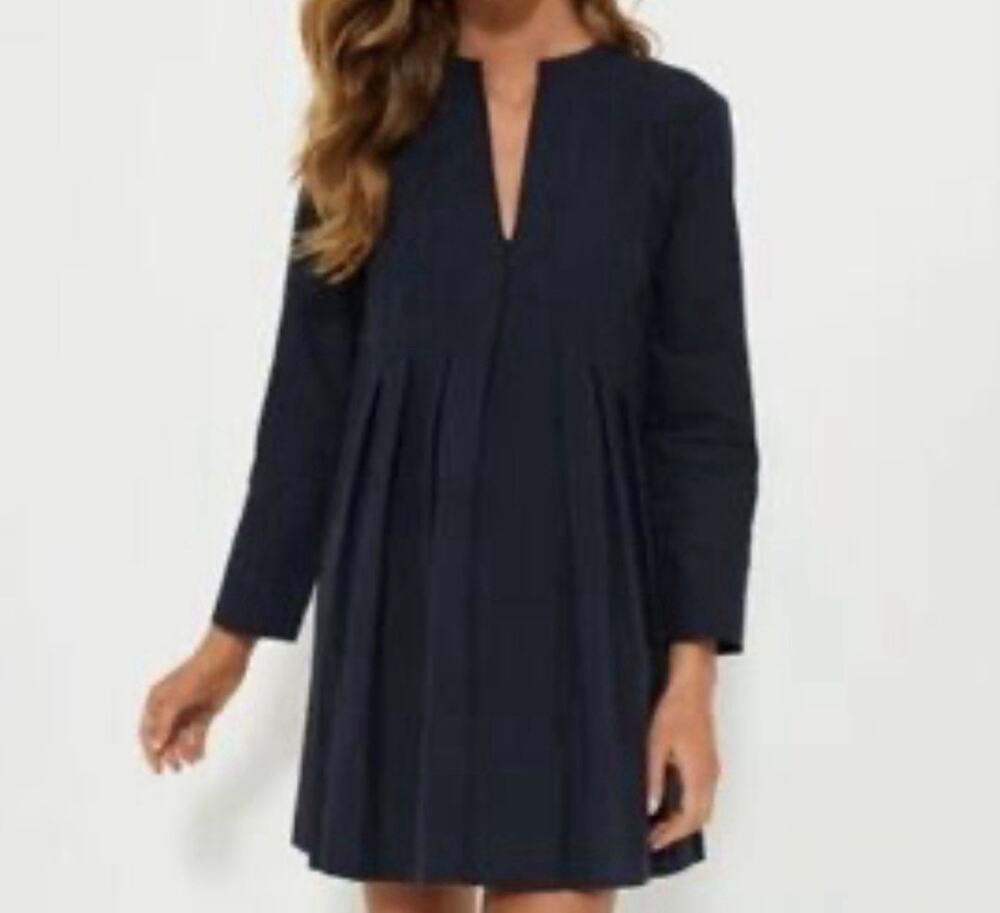 Tuckernuck Navy Blue Luella Pintuck Pleated Mini Dress Long Sleeve Size XS